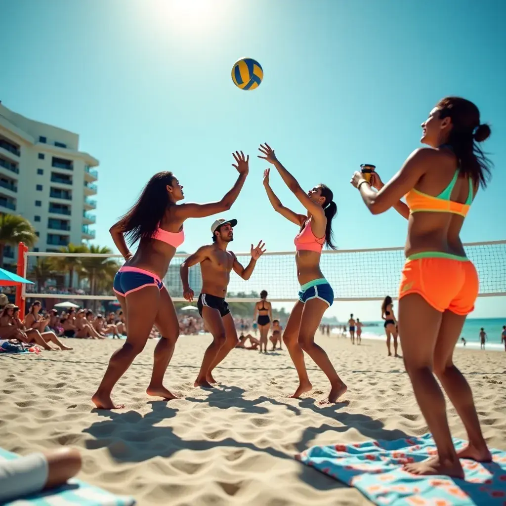 Piknik na plaży z kolorowymi kocami i jedzeniem.